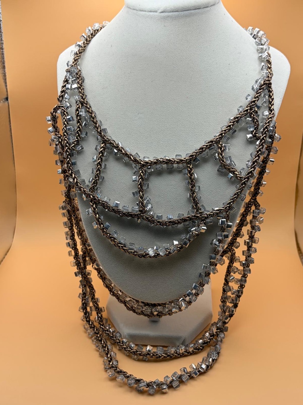 Multi-Strand Crystal Chain Necklace - Silver And Bronze